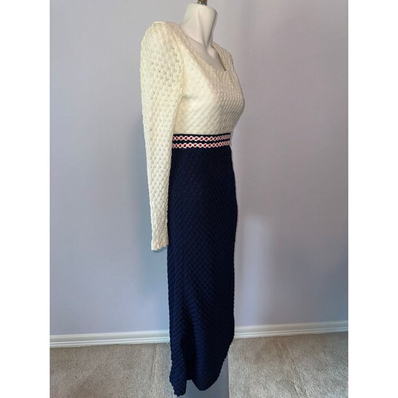 Vtg 70s Red White Blue Knit Crochet Style Maxi Mod Dress Long Sleeve Size Small - Picture 4 of 5